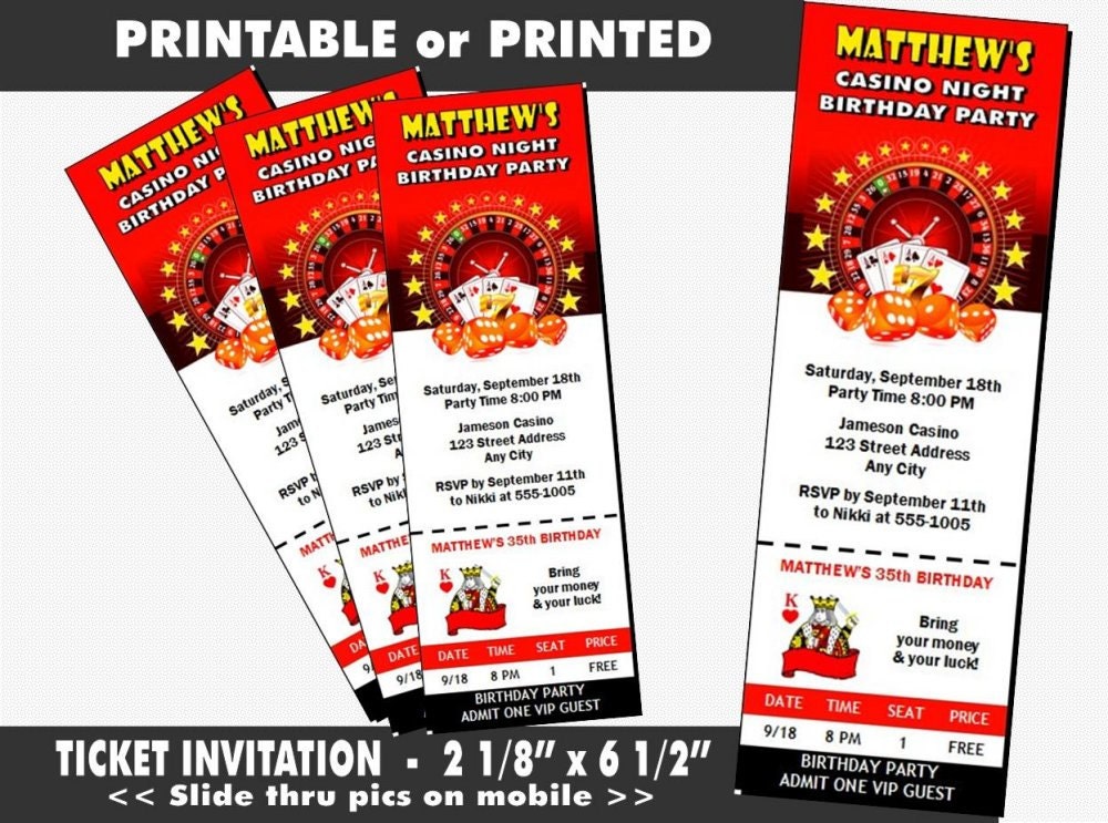Casino Dice Ticket Invitation, Printable With Printed Option, Adult