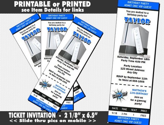 video game ticket invitation printable with printed option etsy