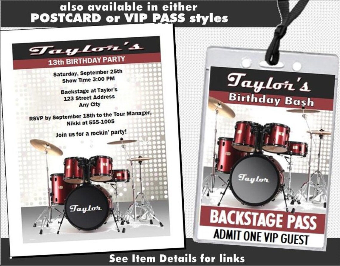 Drums Ticket Invitation, Printable With Printed Option, Drums Invites, Music Theme, Birthday