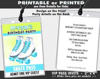 Roller Skates VIP Pass Invitation, Printable, Roller Skating, Girl Birthday Party, Invites for Roller Rink, Teal or Pink