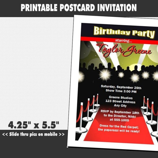 Red Carpet Paparazzi Birthday Party Invitation, Printable, Hollywood Theme, Corporate Event