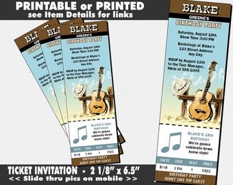 Country Music Star Ticket Invitation, Printable with Printed Option, Birthday Party, Music Concert Theme Invites, Guitar and Cowboy Hat