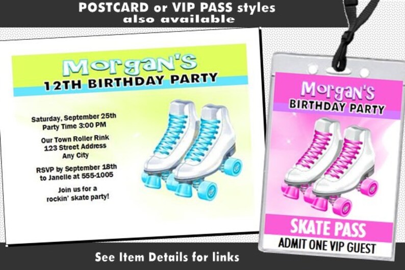 Roller Skates Ticket Invitation, Printable With Printed Option, Roller