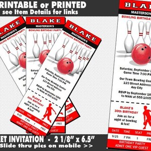 Bowling Ticket Invitation, Printable with Printed Option, Birthday Party, Party Invites for Bowling Party, Sports Theme