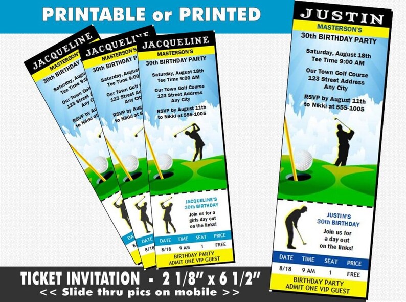 Golf Ticket Invitation, Printable With Printed Option, Birthday Party ...