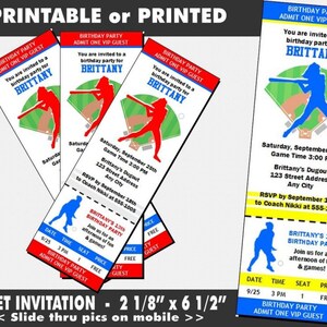 Softball Ticket-Einladung, bedruckbar mit gedruckter Option, Mädchen-Geburtstagsfeier, Sportthema, blauen und gelben oder roten Farboptionen