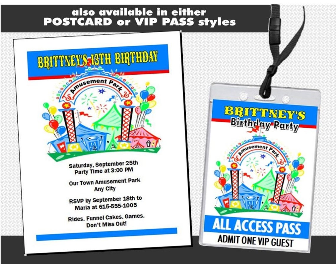 Amusement Park Ticket Invitations, Printable With Printed Option ...