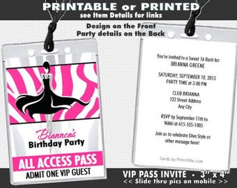 Pink Zebra VIP Pass Party Invitation, Printable, Girl Birthday, Sweet 16, Fashion Theme, Little Black Dress, LBD Model