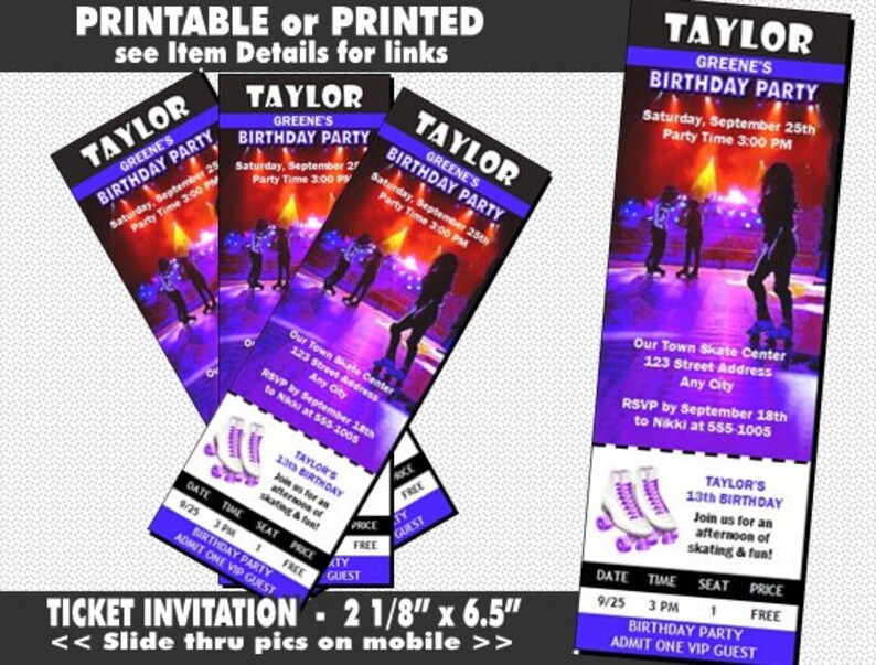 Roller Skating Ticket Invitation Printable With Printed Etsy