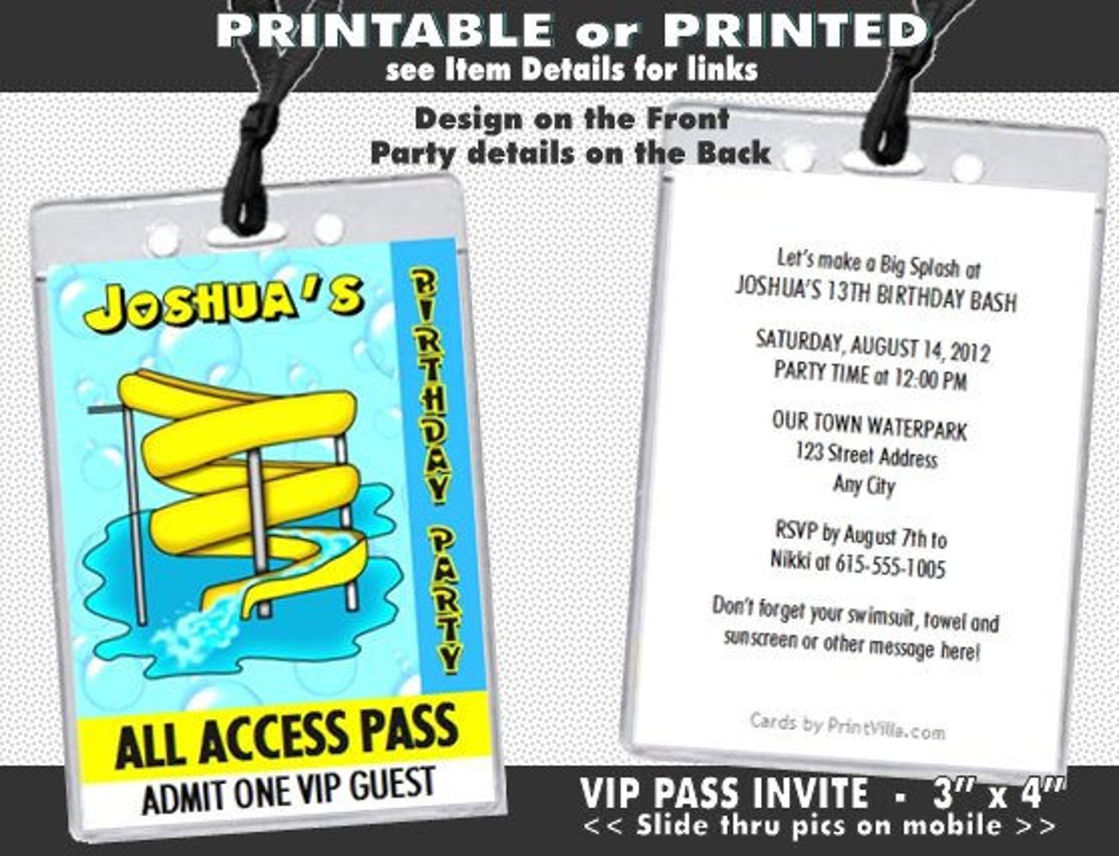 Water Park VIP Pass Birthday Party Invitation Printable | Etsy