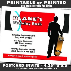 Skateboarding Red Party Invitations, Printable with Printed Option, Skateboard Party Invites, Boy Skateboarder Theme, Sk8 Birthday Party