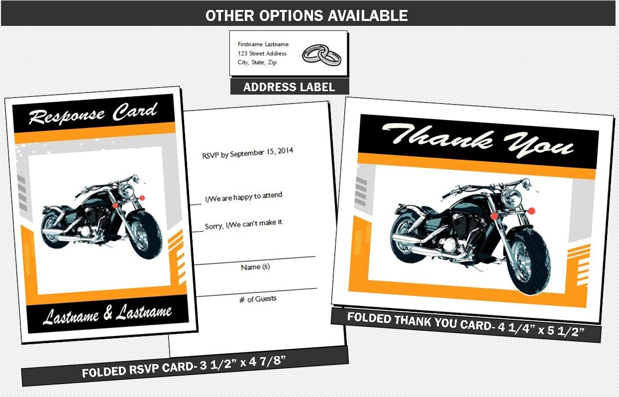 Motorcycle Ride Wedding Ticket Invitations, Set of 12, Black and Orange