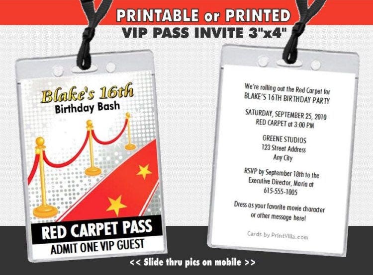 Vip Pass Invites Hollywood Red Carpet VIP Pass Invitation Printable Birthday - Etsy