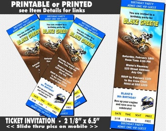 Dirtbike Race Blue Ticket Invitation, Printable with Printed Option, Boy Birthday Party, Dirt bike Theme, Motorcycle Invites