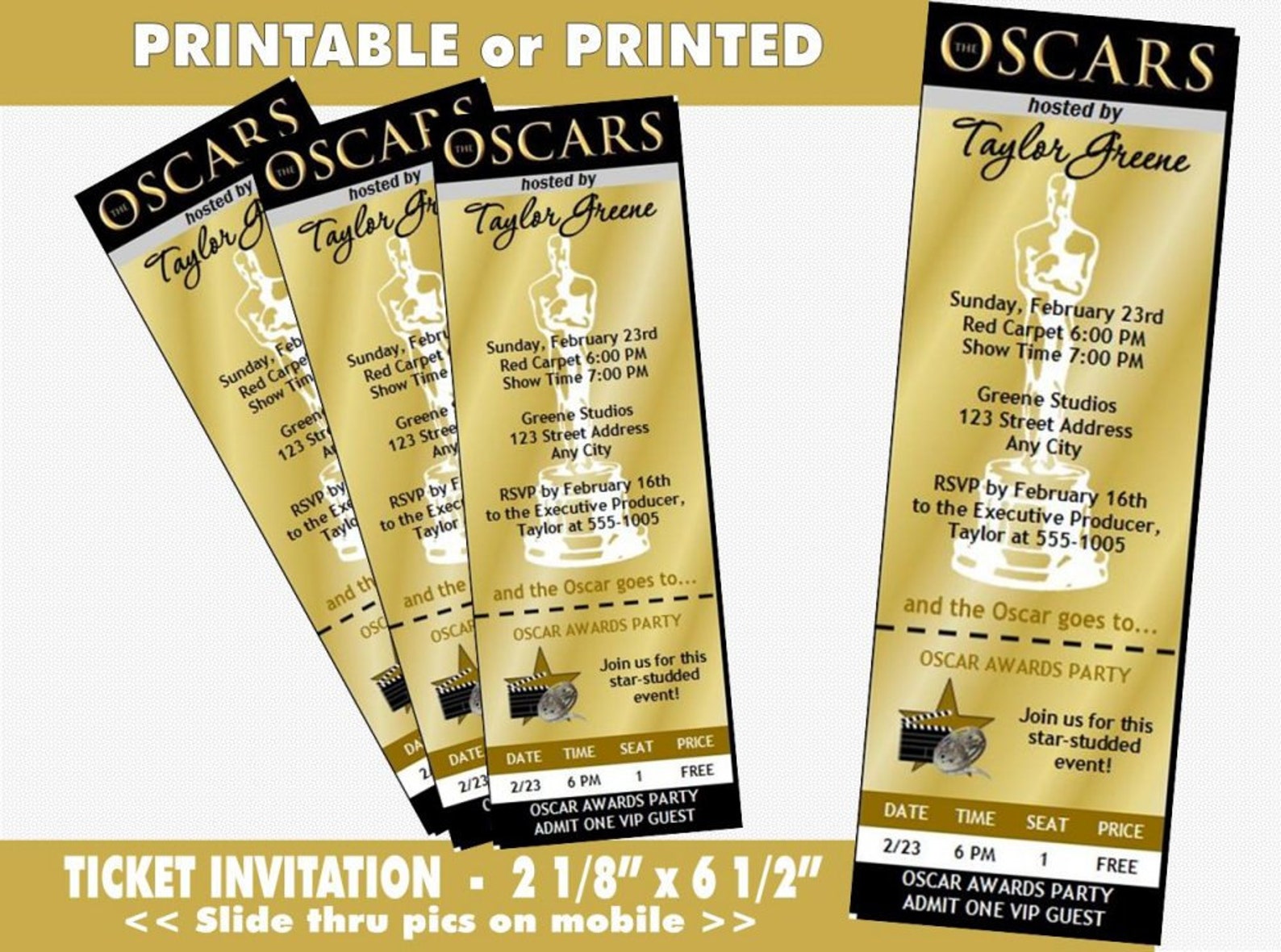 Oscar Awards Party Golden Ticket Invitation Printable With - Etsy