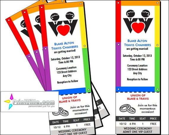 Gay Wedding Ticket Invitations Set Of 12 Rainbow Grooms Gay Etsy