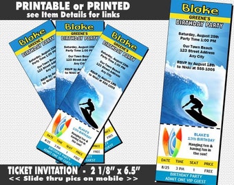 Surfer Beach Party Ticket Invitation, Printable with Printed Option, Birthday Party, Surfer Invites, Beach Theme, Water Swim