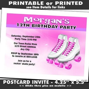Rollschuhe Party Einladung, Printable mit gedruckter Option, Rollschuhlaufen, Mädchen-Geburtstagsfeier, Lädt für Roller Rink, Teal oder Pink