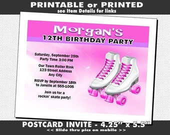 Roller Skates Party Invitation, Printable with Printed Option, Roller Skating, Girl Birthday Party, Invites for Roller Rink, Teal or Pink