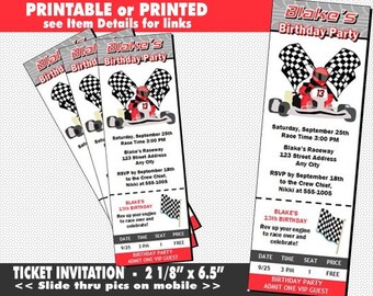 Go Kart Racer Ticket Invitation, Printable with Printed Option, Go Kart Theme, Go Cart Invites, Girl or Boy Birthday, Racing