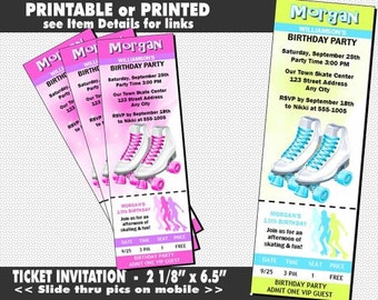 Roller Skates Ticket Invitation, Printable with Printed Option, Roller Skating, Girl Birthday Party, Invites for Roller Rink, Teal or Pink