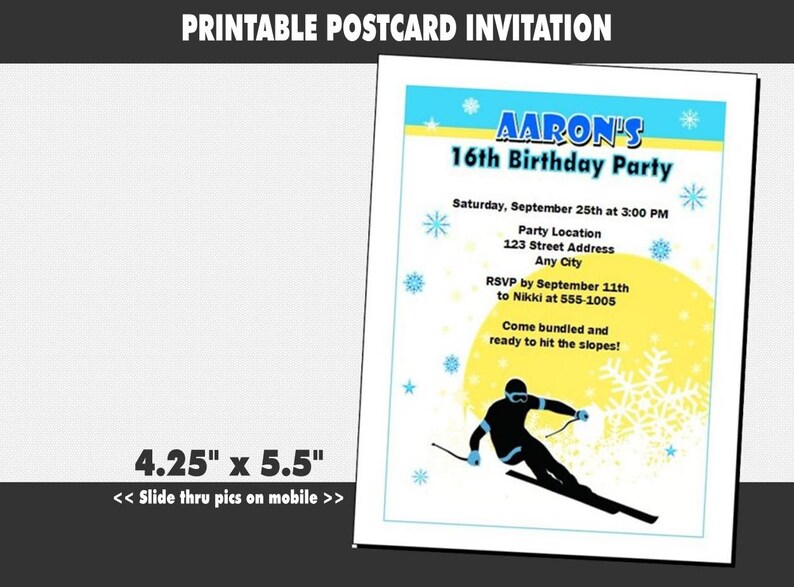 Snow Ski Party Invitation, Printable, Birthday Party, Snow Skiing Theme, Winter Sports Invites ...