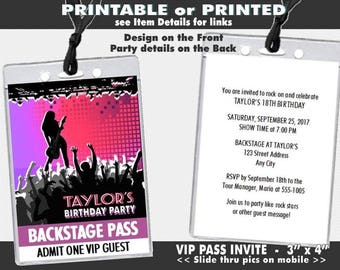 Concert Guitarist Female Backstage VIP Pass, Printable, Birthday Party Invitation, Music Theme Invite