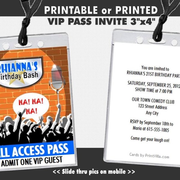 Comedy Club VIP Pass Invitation, Printable, Birthday Party, Comedian Theme Invites, Comedy Show