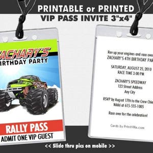 Monster Truck Rally VIP Pass Invitation, Printable, Boy Birthday Party, Racing Theme