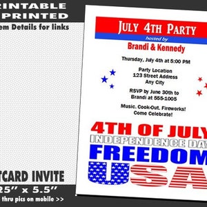 Red White Blue Freedom 4th of July Party Invitation, Printable with Printed Option, July 4th Celebration, Cook-Out, Patriotic Invite image 1