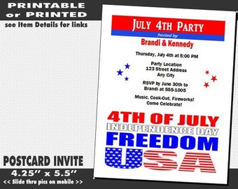 Red White Blue Freedom 4th of July Party Invitation, Printable with Printed Option, July 4th Celebration, Cook-Out, Patriotic Invite