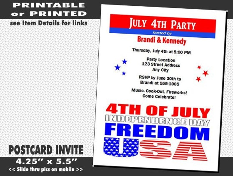 Red White Blue Freedom 4th of July Party Invitation, Printable with Printed Option, July 4th Celebration, Cook-Out, Patriotic Invite image 1