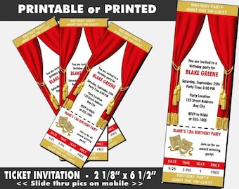 Theatre Acting Ticket Invitation, Printable with Printed Option, Girl or Boy Birthday Party, Broadway Theme Invite, Drama Class Event, Actor