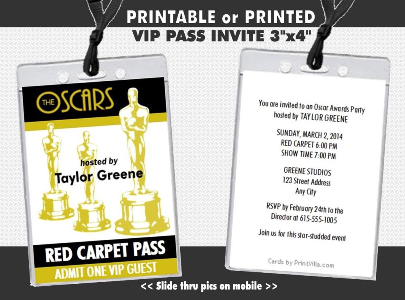 Oscar Awards Party VIP Pass Invitation Printable with Printed Etsy