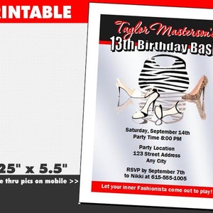 Fashionista Party Invitation, Printable with Printed Option, Stiletto and Handbag Theme, Heels, Shoes, Pumps, Female Birthday, Feminine