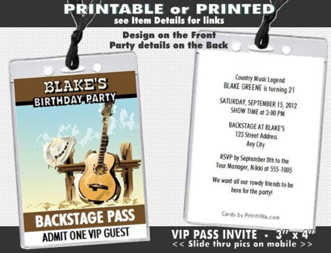 Country Music Star Backstage VIP Pass Invitation, Printable, Birthday ...
