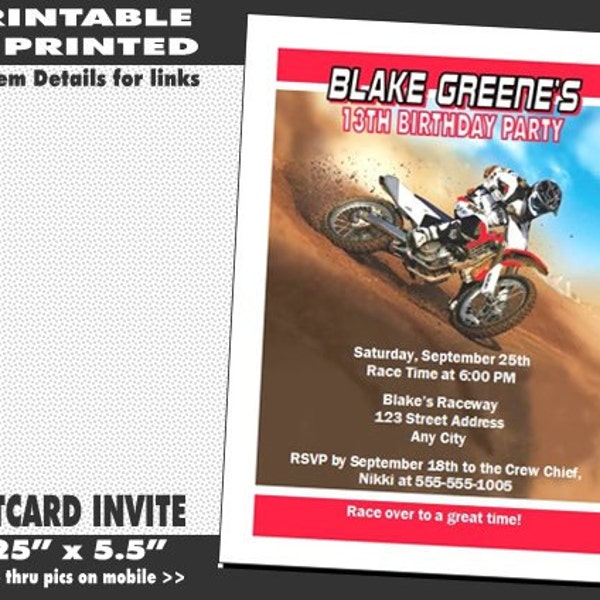 Dirtbike Race Red Invitation, Printable with Printed Option, Boy Birthday Party, Dirt bike Theme, Motorcycle Invites