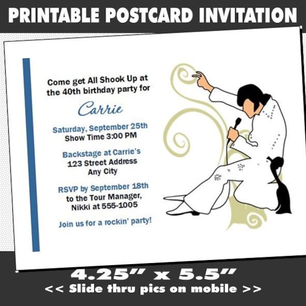 Elvis Inspired Party Invitation, Printable, Birthday Party, Music Theme, Admit One Performer Event, Child or Adult