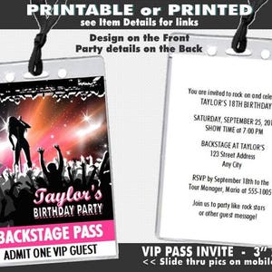 Concert Singer Female Backstage VIP Pass Invitation, Printable, Girl Birthday Party, Music Singer Concert Theme