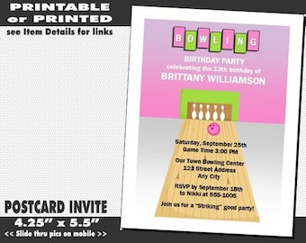 Bowling Pink Party Invitation, Printable with Printed Option, Girl Birthday, Invites for Bowling Party, Pink