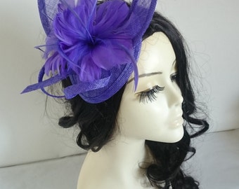 Purple Violet Sinamay Fascinator With Feather Flower & Swirls Weddings-Ascot-Ladies Day