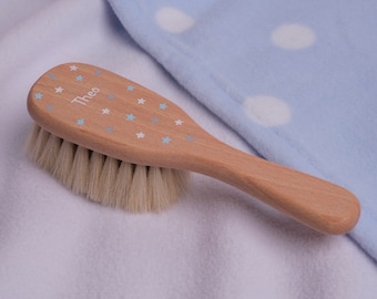 Personalised baby hair brush with soft natural bristles. Hand-painted in tiny stars design. With gift box.