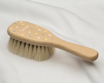 Personalised baby hair brush with soft natural bristles. Hand-painted in lemon hearts design. With gift box.