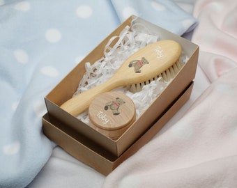 Personalised Child's Gift Set - Hair Brush and First Tooth Box, hand-painted with a Teddy Design.