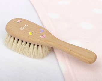 Personalised baby hair brush with soft natural bristles. Hand-painted with butterflies design. With gift box.