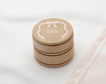 Personalised baby gift - first tooth or curl box, hand-painted in a pink ribbon design. With gift box.