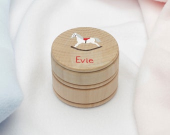 Baby tooth box. Personalised baby gift, hand-painted with a rocking horse design. With gift box.