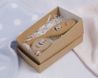 Personalised Baby Gift Set - Hair Brush and First Tooth Box, hand-painted with a Sailboat / Yacht Design.