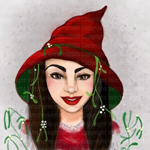 Könnte beinhalten: Digitales Kunstporträt einer Frau mit braunen Haaren, die einen roten Hexenhut mit grünen Verzierungen und Mistelakzenten trägt. Sie hat roten Lippenstift und ein rotes Kleid. Der Hintergrund ist hellgrau.