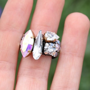 Swarovski crystal rhinestone stretch knitted cocktail costume ring for women. Clear, AB and shimmer tones.Gift for friends , women band ring
